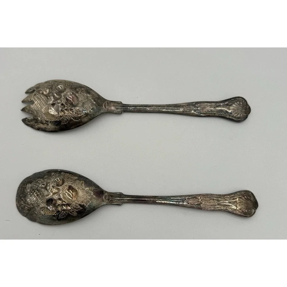 Antique FB Rogers Silver Plated Salad Serving Set Italy Fruit Pattern‎ EPNS 9in